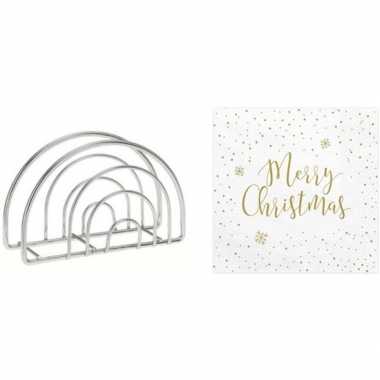 Kerstmis tafelversiering houder met merry christmas servetten wit/gou