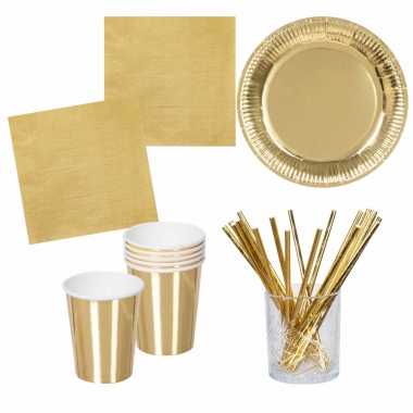 Verjaardag feest/party tafel dekken set in het goud - bordjes/bekers/servetten/rietjes kopen