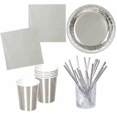 Verjaardag feest/party tafel dekken set in het zilver - bordjes/bekers/servetten/rietjes kopen