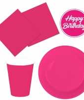 Tafel dekken feestartikelen kleur fuchsia roze 32x bordjes 32x drink bekers 40x servetten 10277081